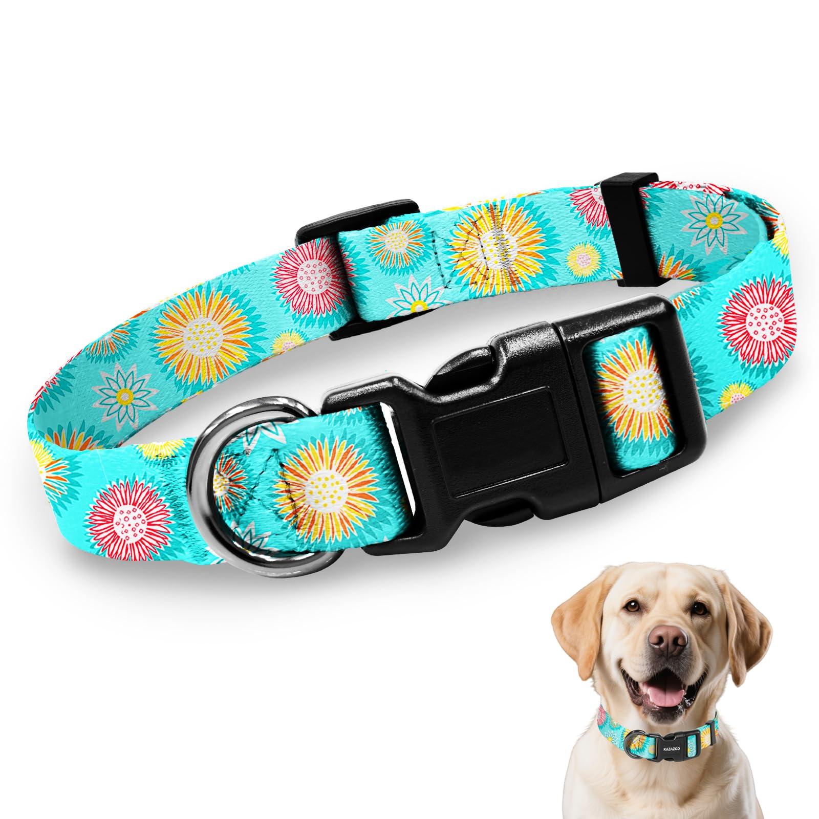 Kazazoo collar para perro ajustable azul con girasoles, ideal para paseos cómodos