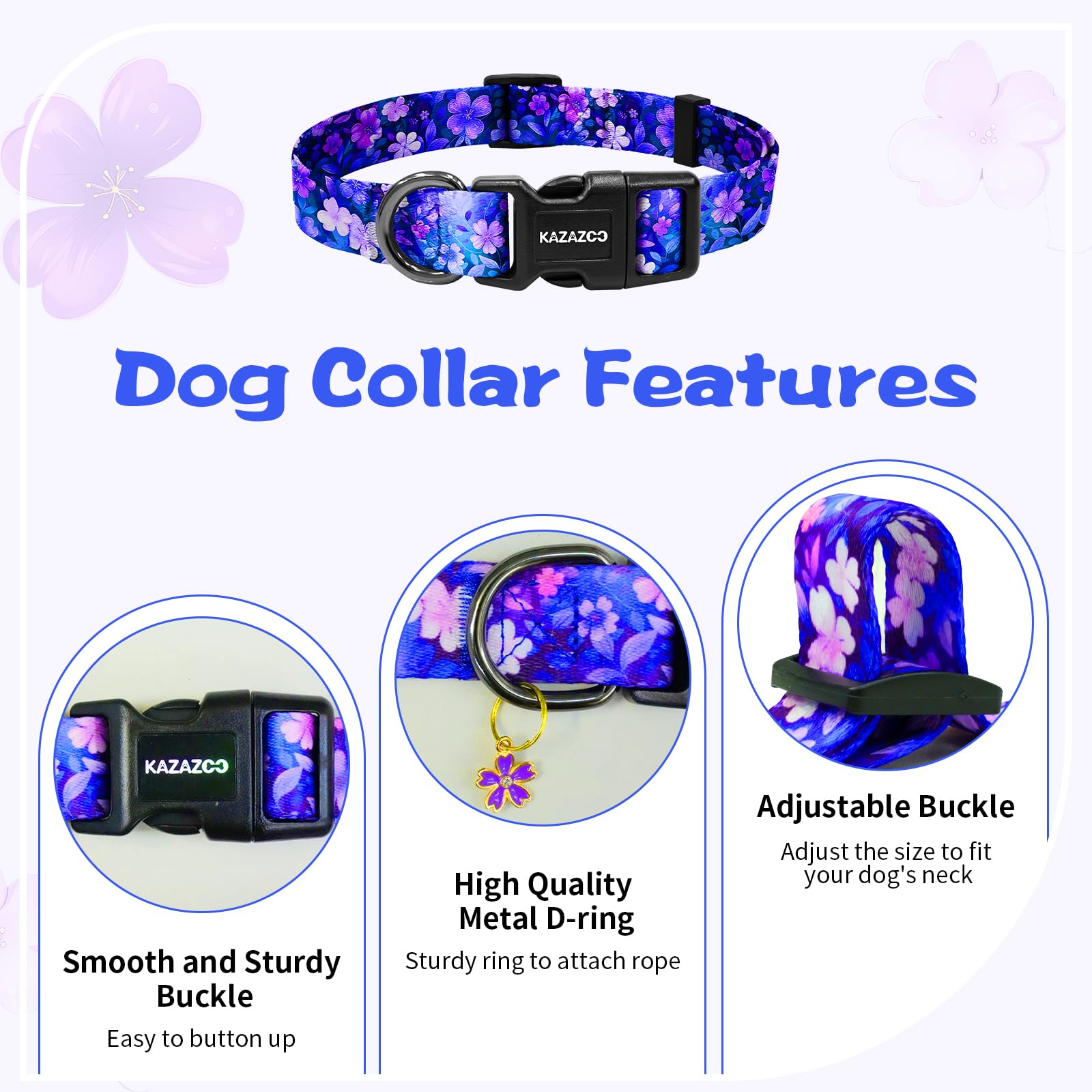 Collar Kazazoo ajustable en talla pequeña con flores moradas para paseos