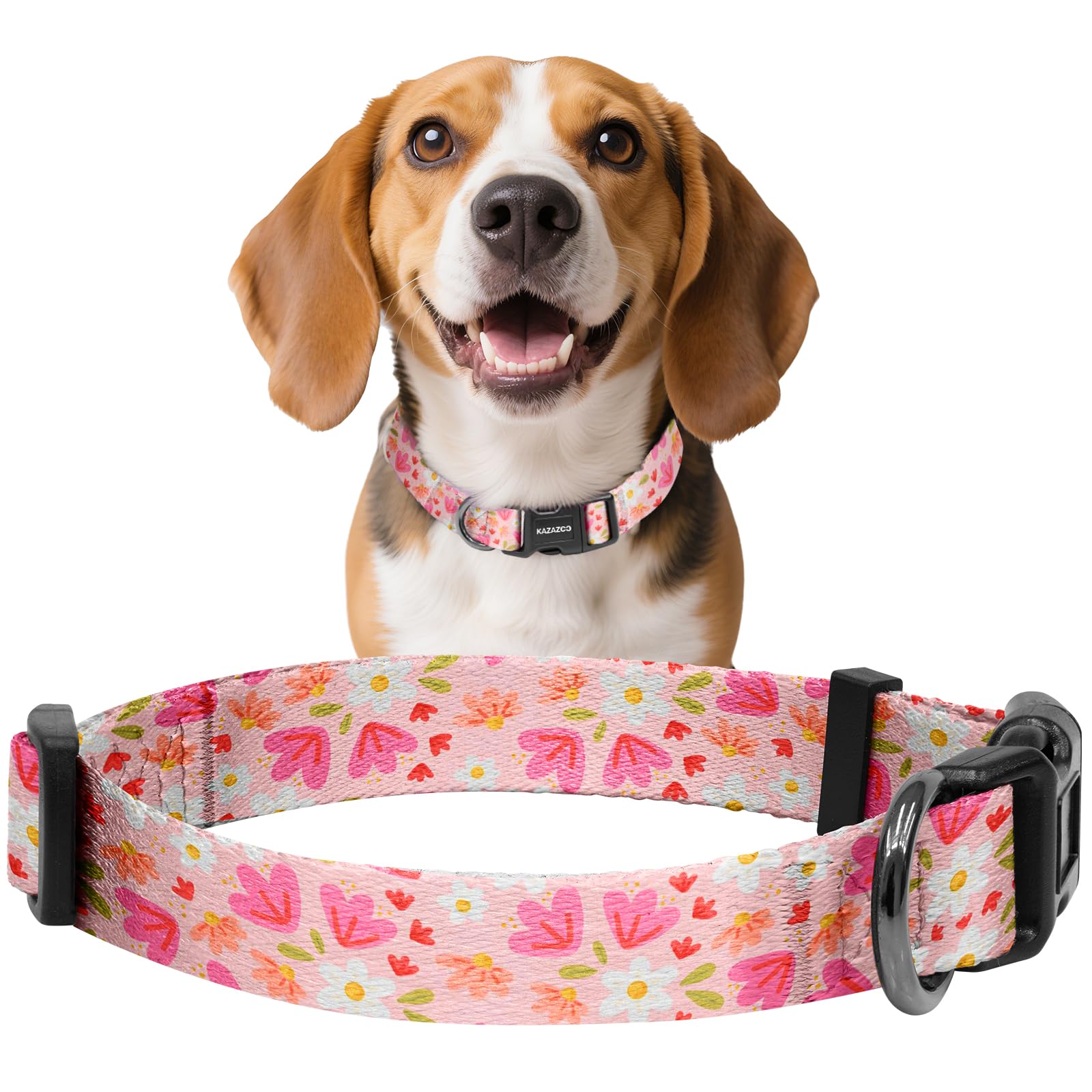Collar Kazazoo para perro, nylon suave, rosa con flor, comodidad en paseos diarios.