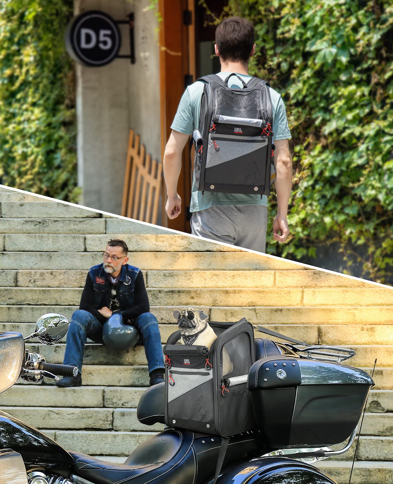 KEMIMOTO mochila para perro en moto, bolsillos para agua y comida.