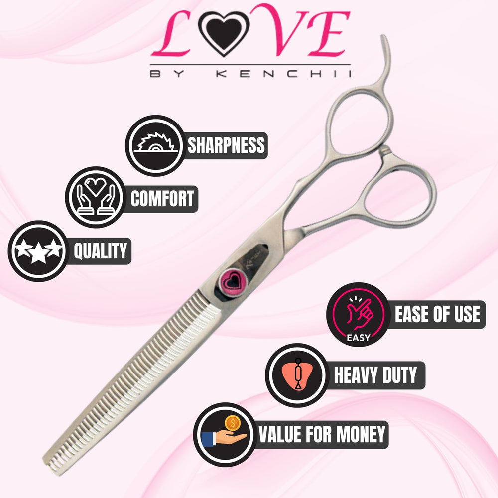 Tijeras Kenchii Love de acero japonés, filo duradero para diferentes pelajes.