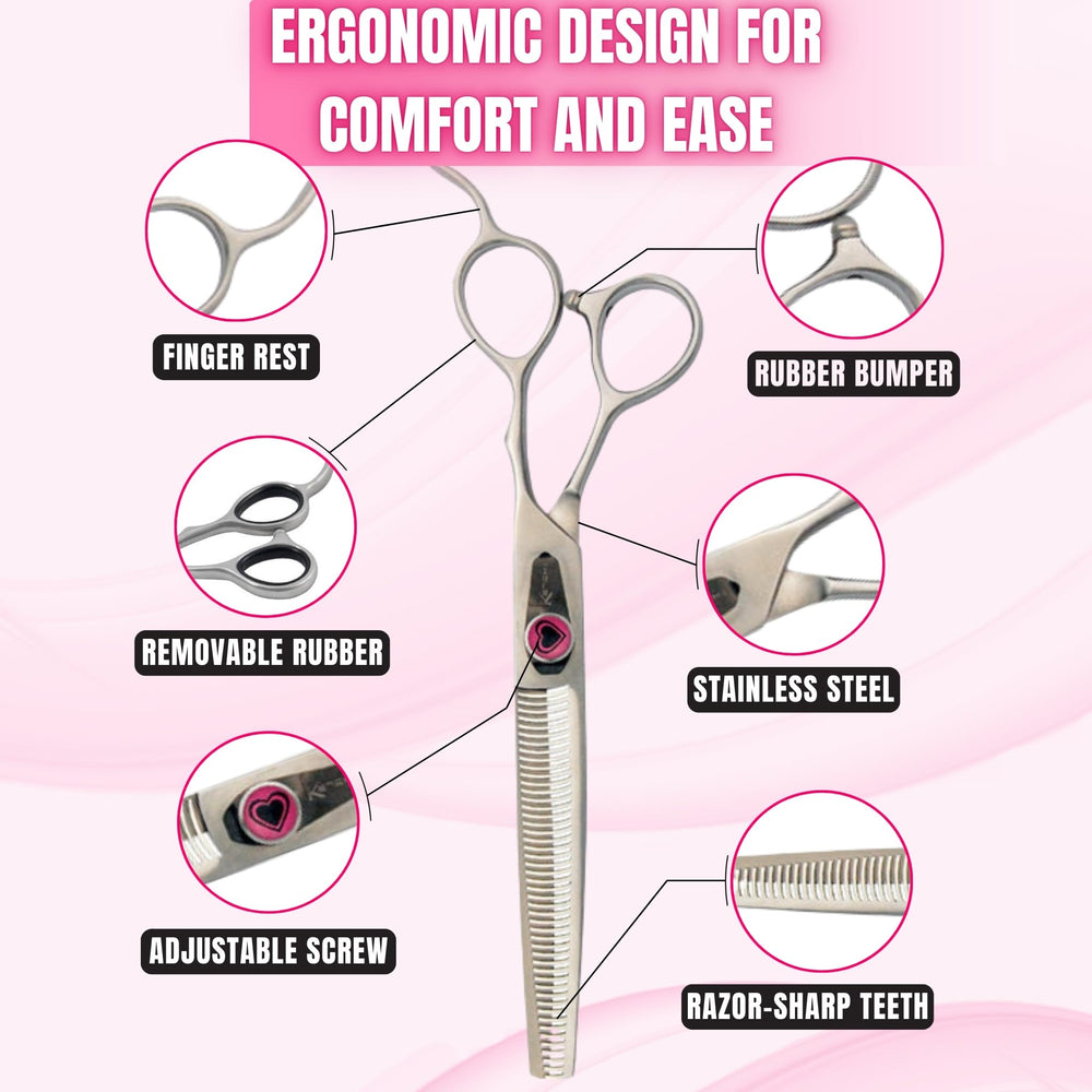 Tijeras Kenchii Love con mango ergonómico, ideal para sesiones largas sin fatiga.