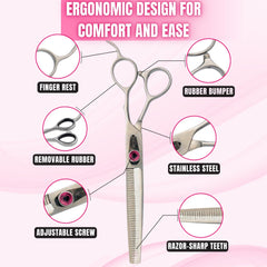 Tijeras Kenchii Love con mango ergonómico, ideal para sesiones largas sin fatiga.