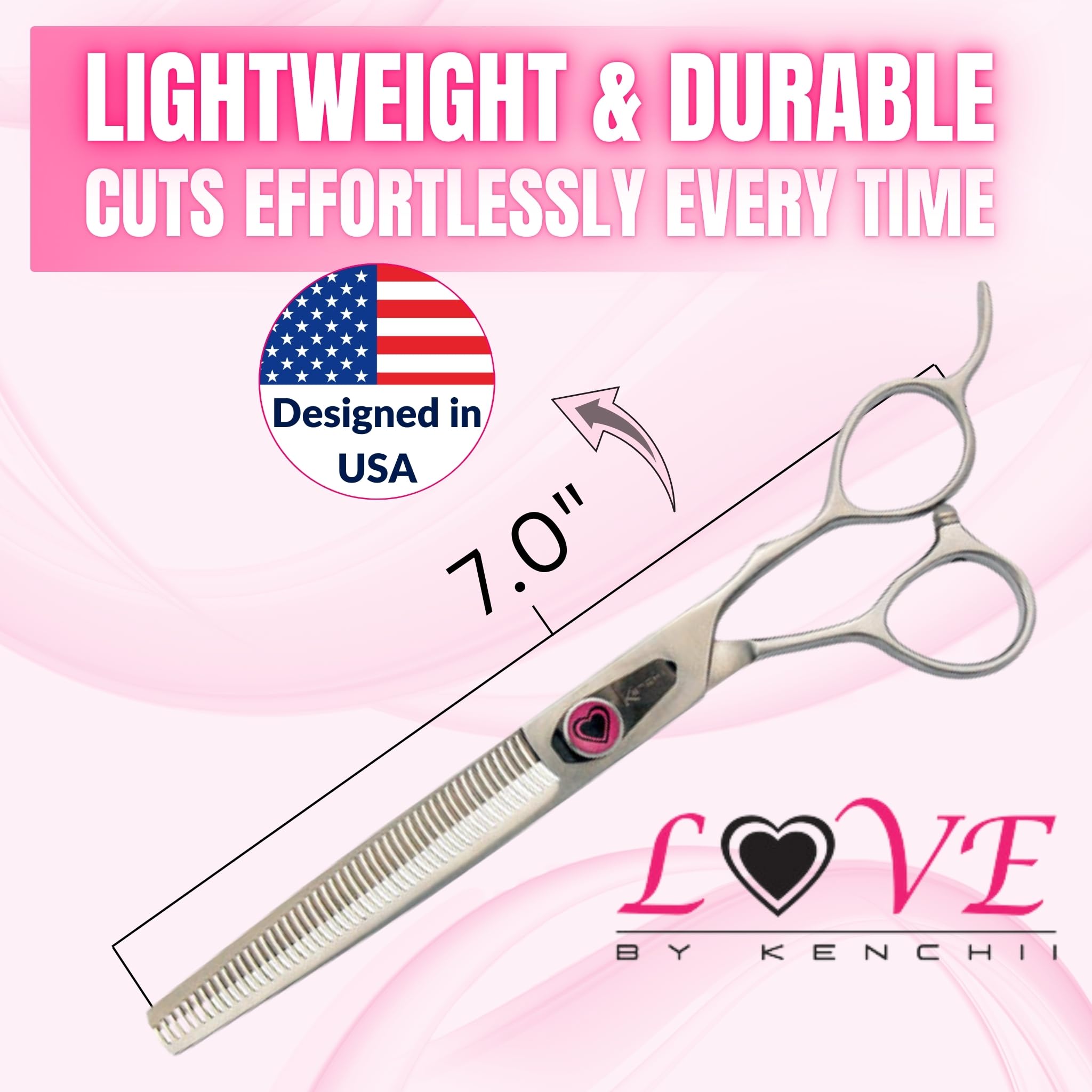 Tijeras Kenchii Love para peluquería canina, corte preciso y acabado suave.