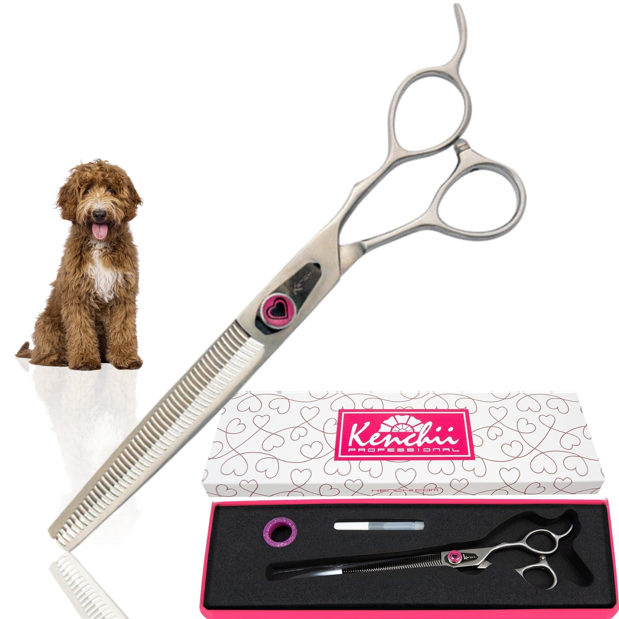 Tijeras Kenchii Love para perros, desbaste de 46 dientes para cortes precisos.