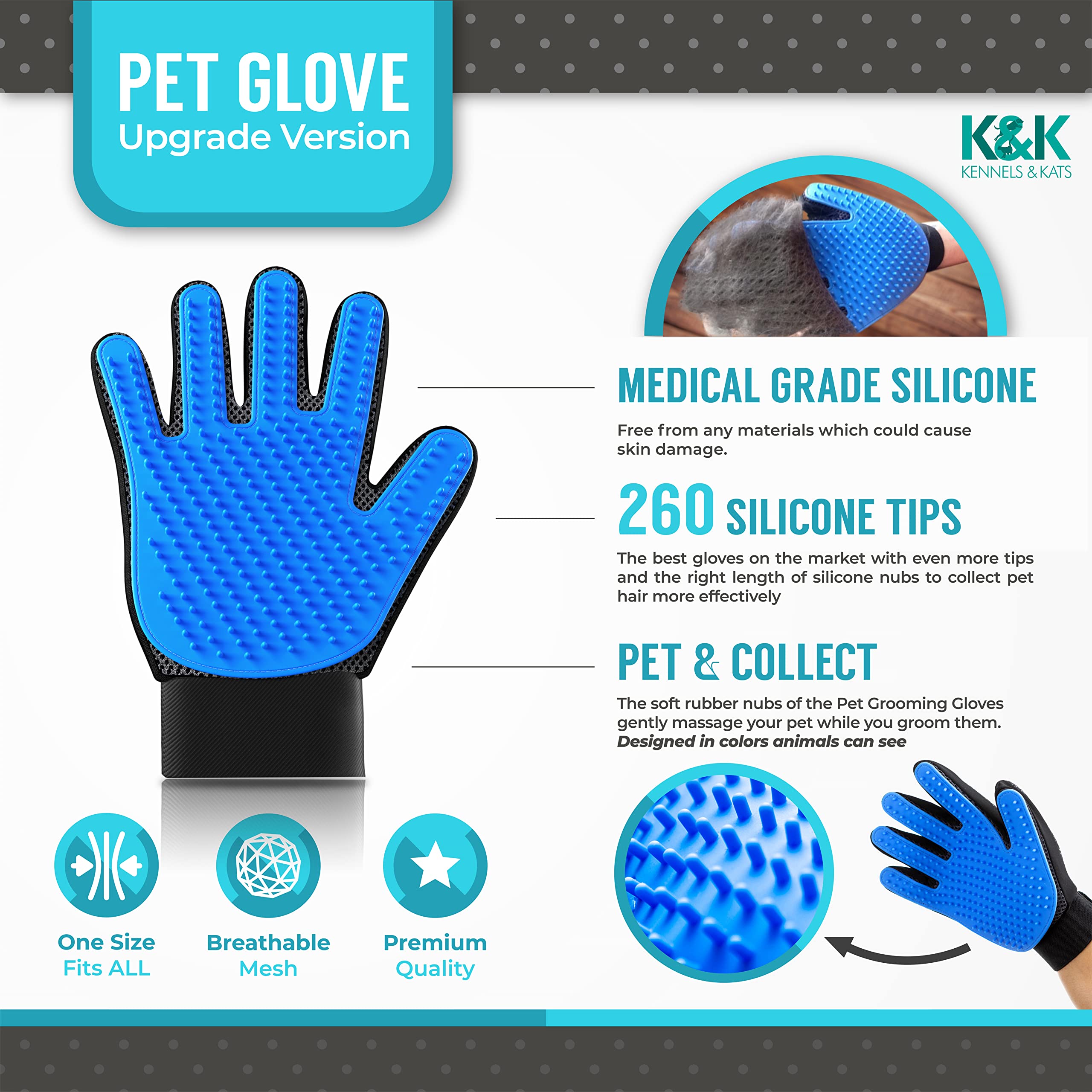Kennels & Kats guantes de cuidado del pelaje para mascotas recogiendo pelo suelto