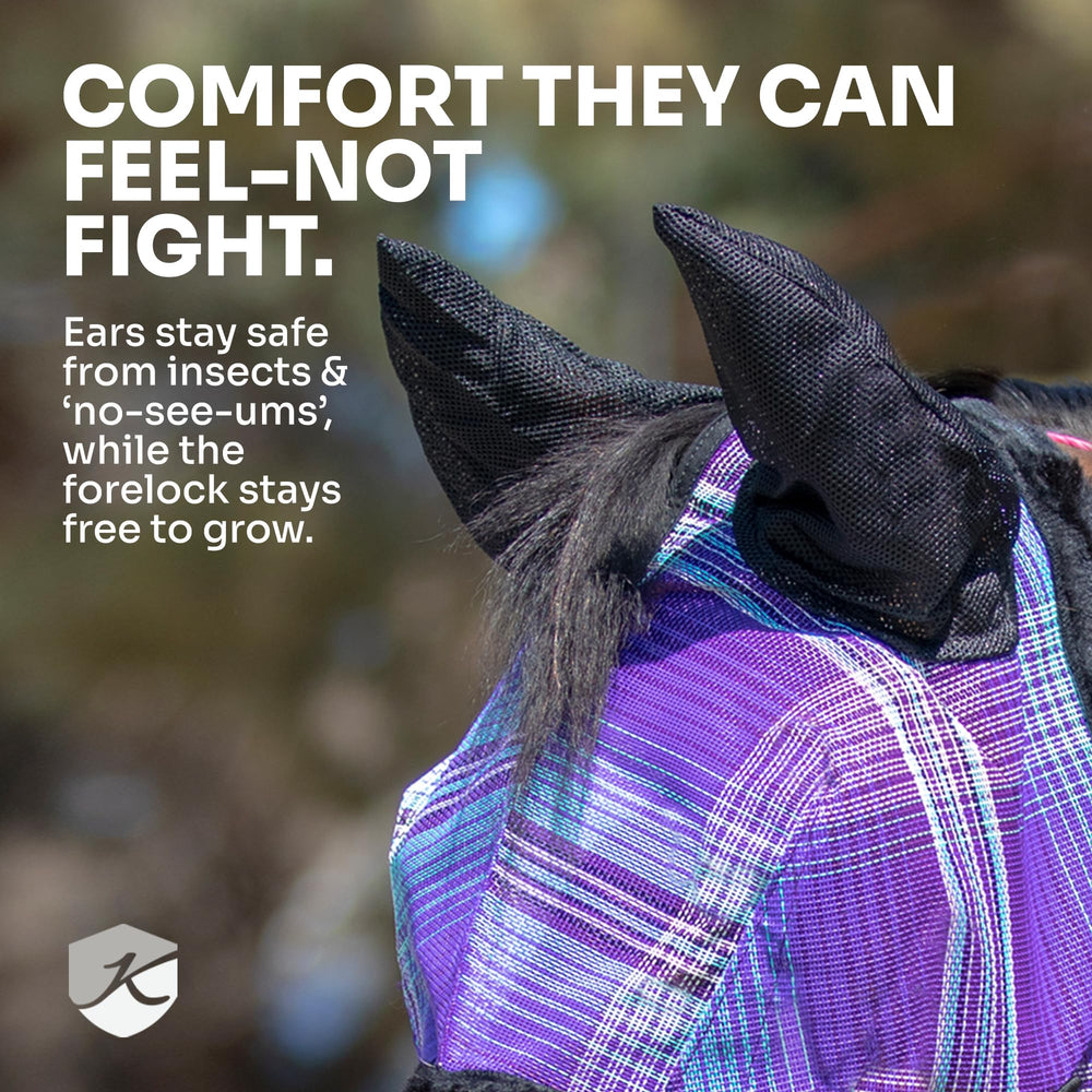Kensington Signature Fly Mask visibilidad total para cabalgatas seguras.