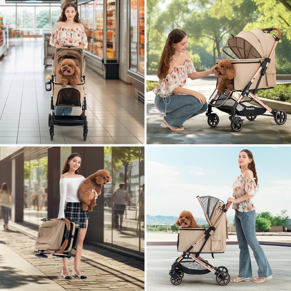 Kenyone carrito con respaldo alto y capota elevada para mascotas cómodas.