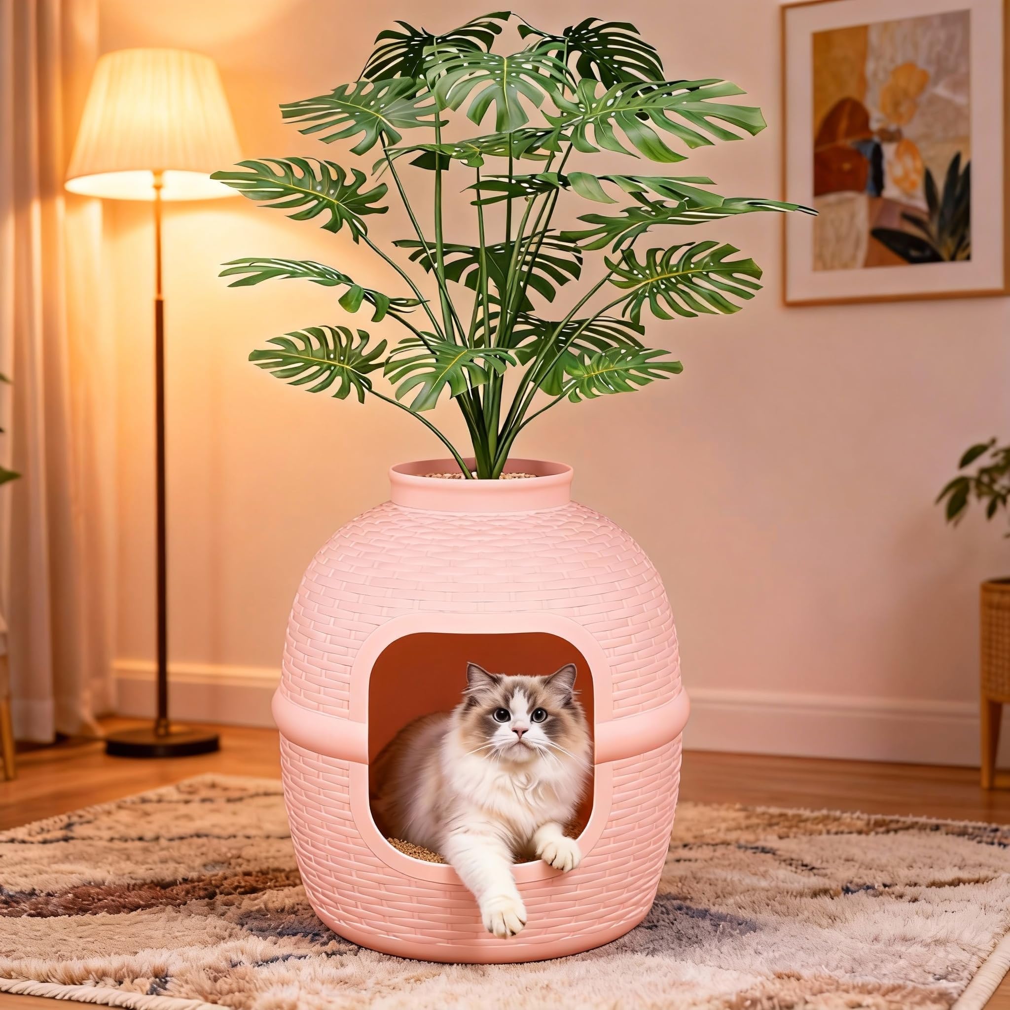Keygarzone caja oculta para gatos con planta falsa, privacidad y decoración.