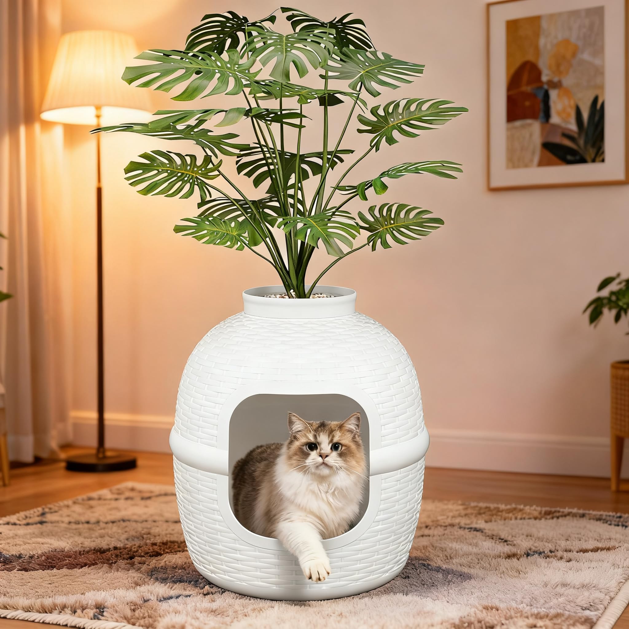 Keygarzone caja-arena-oculta mimbre frontal: privacidad y estilo para tu gato.