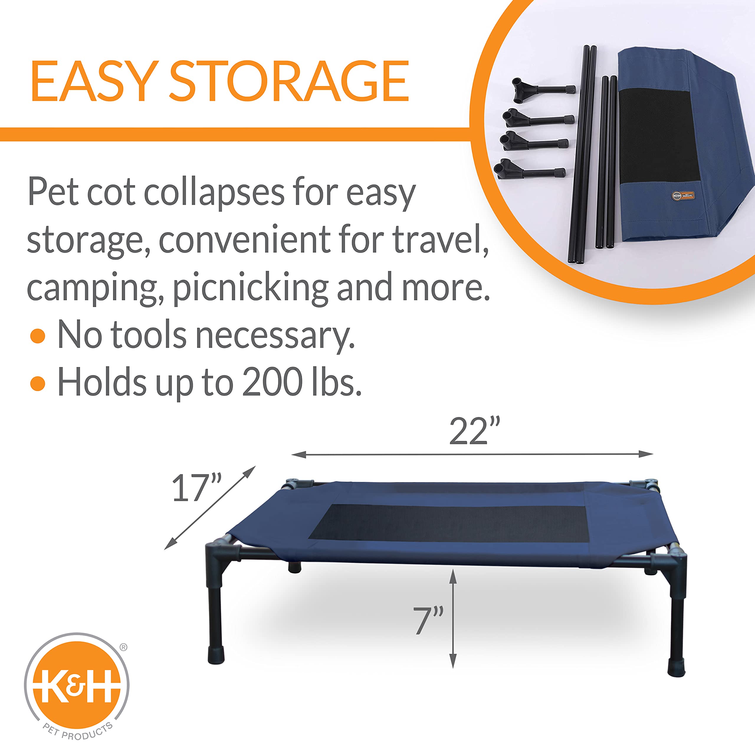 Cama de perro elevada con malla azul de K&H, uso interior o exterior.