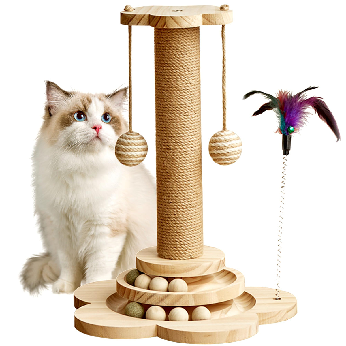 KHALOR poste rascador para gato en madera natural, diseño 4 en 1 para entretenimiento.