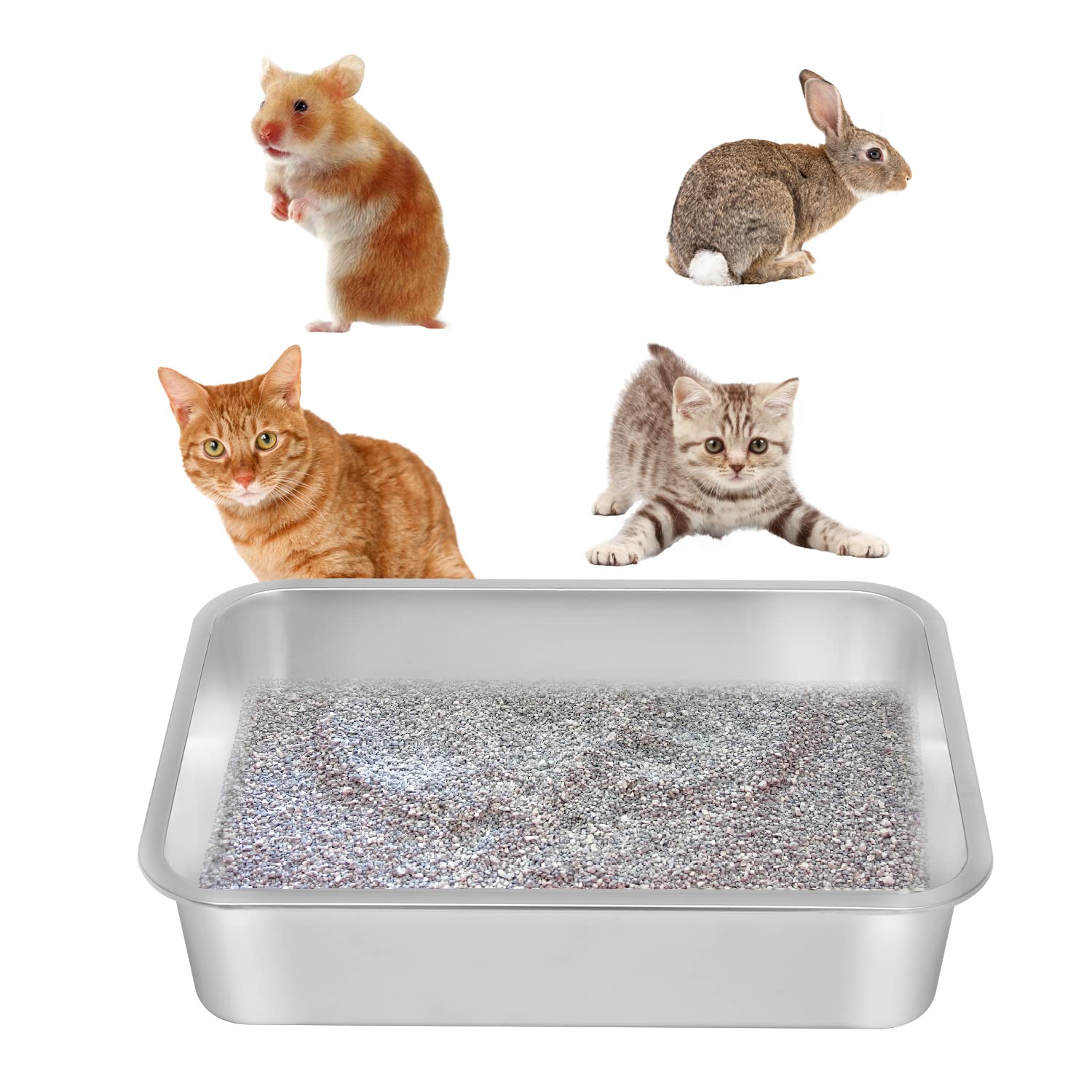 Kichwit: bandeja de arena para gato de acero inoxidable, superficie lisa, limpieza rápida.