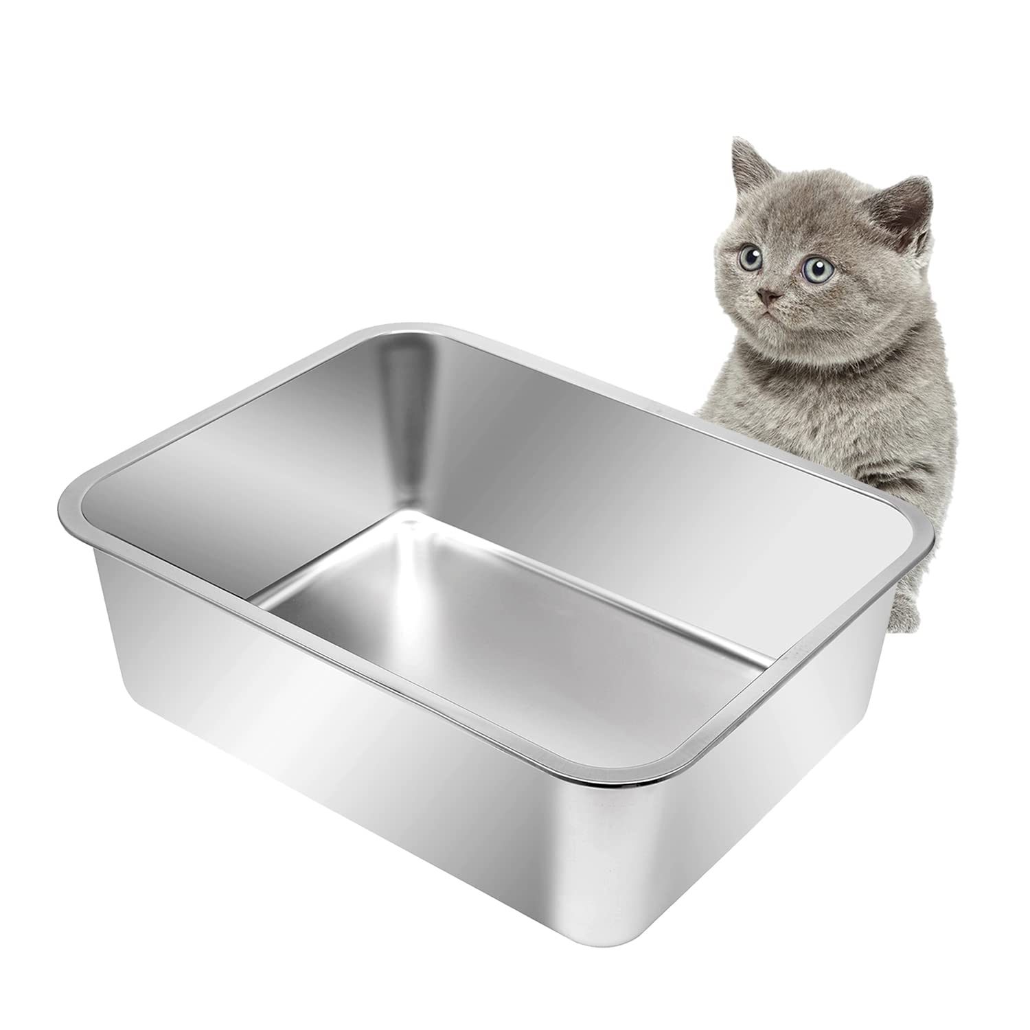 Kichwit caja de arena para gatos, vista general en acero inoxidable duradero.