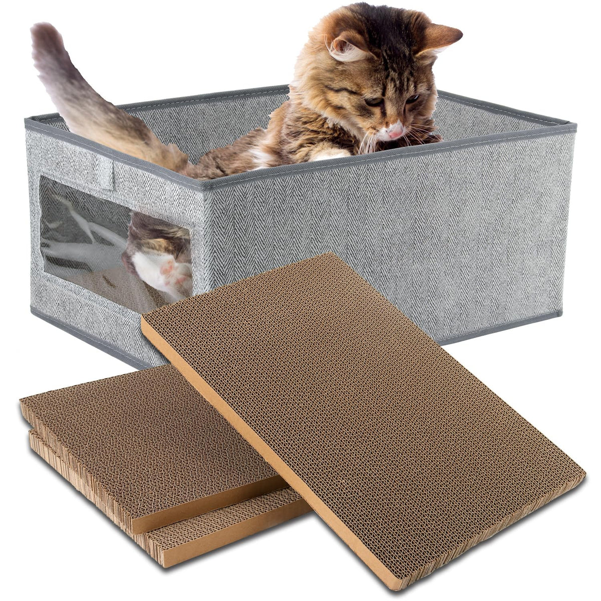 Kichwit rasca gatos grandes tres unidades con caja: solución compacta para el juego y descanso.