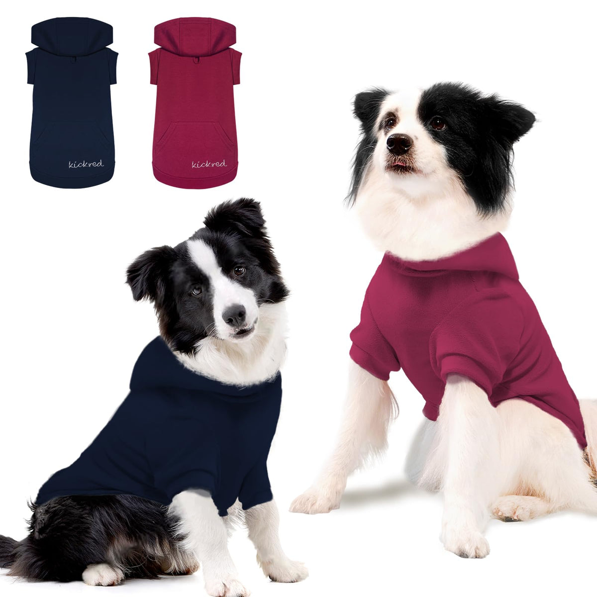 Kickred sudadera para perro vista frontal con capucha, ideal para paseos diarios y comodidad.
