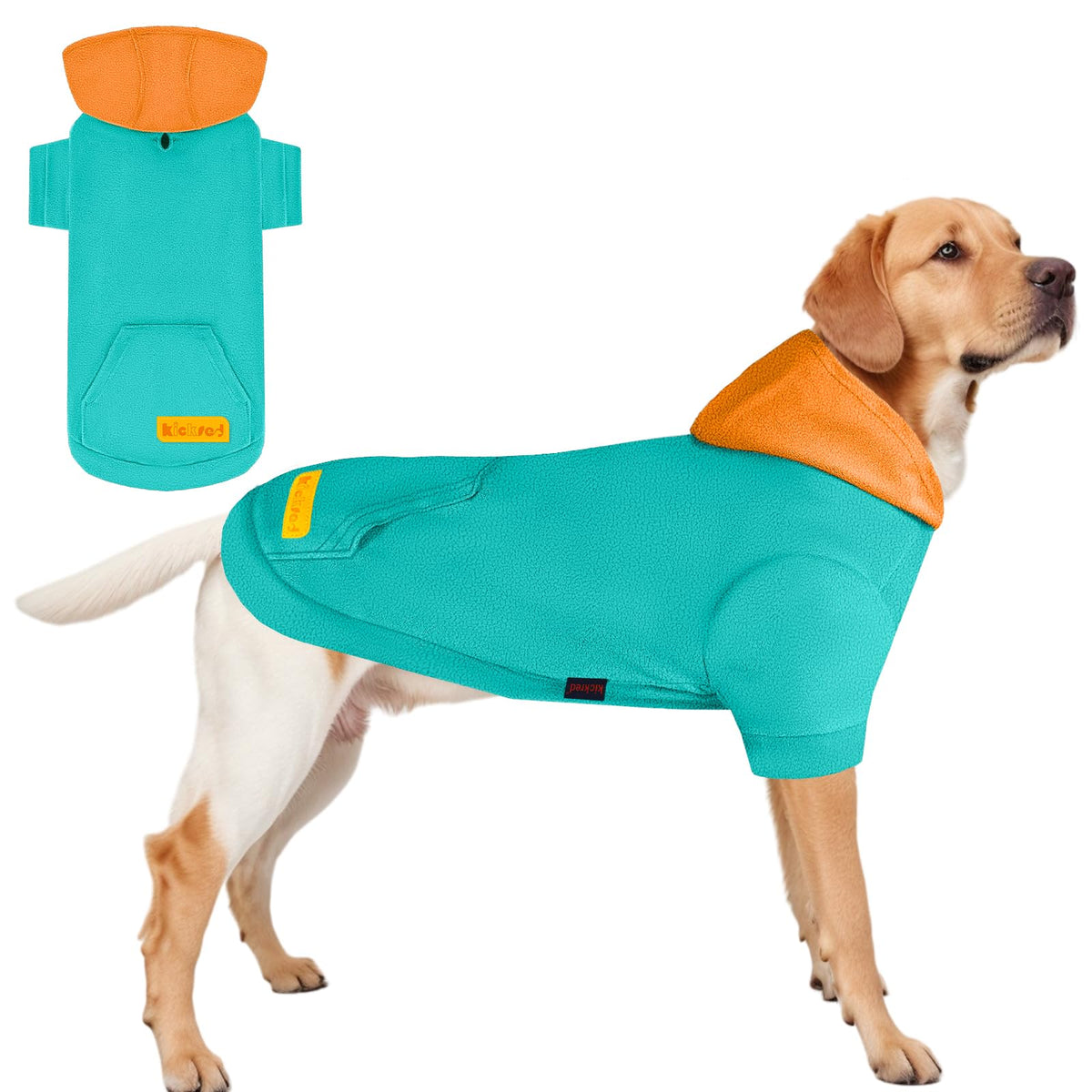 Sudadera Kickred para perro con capucha verde-naranja, cálida para paseos