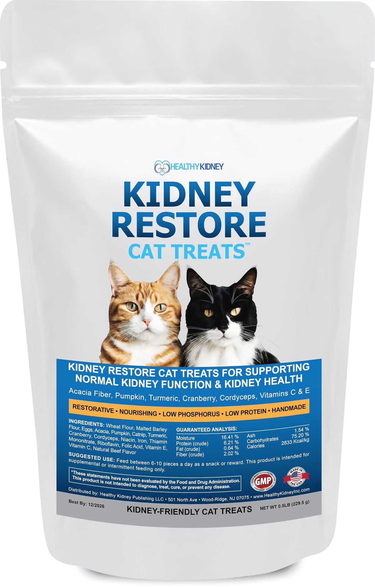 Golosinas Kidney Restore en envase con atún para gatos, perfil renal y sabor atractivo.