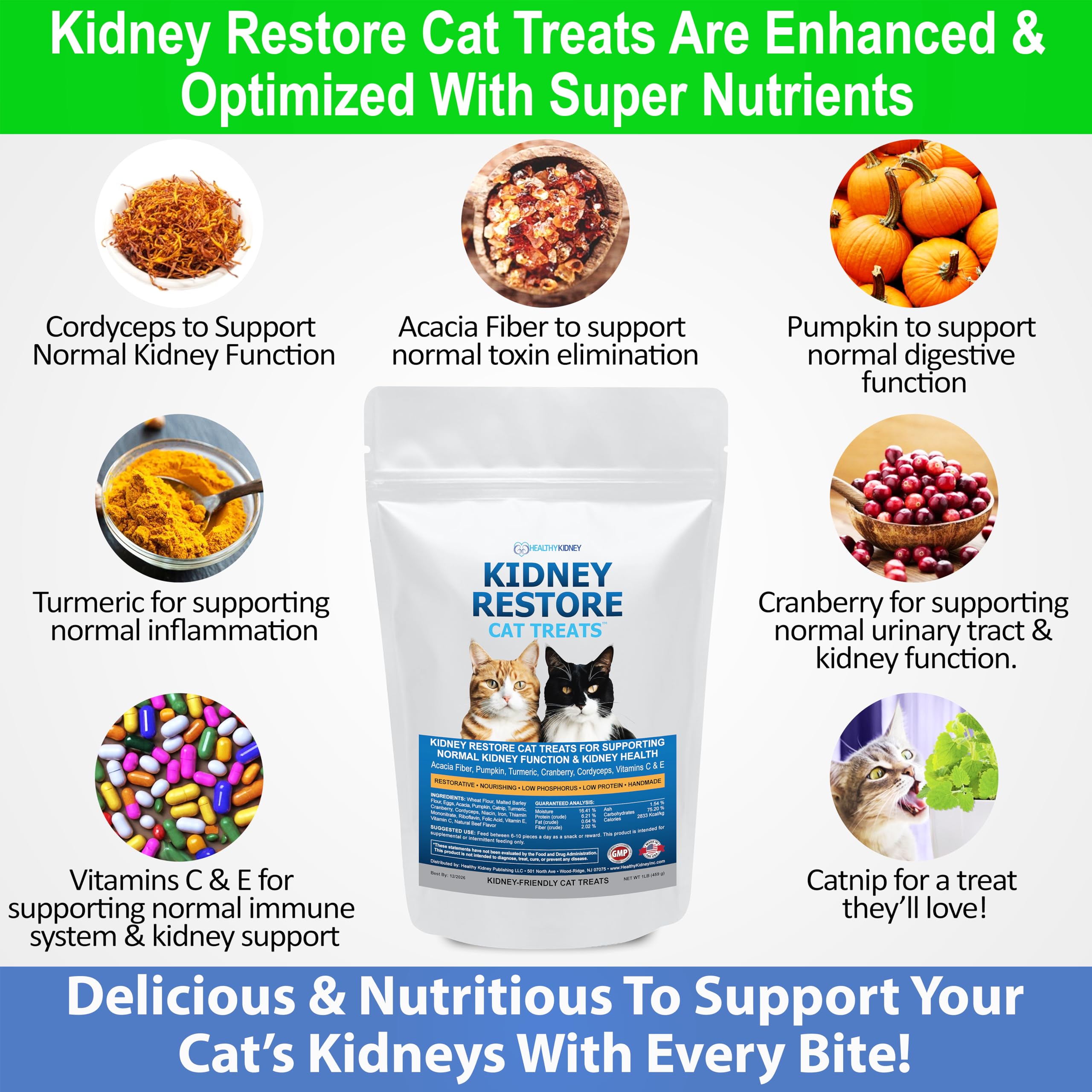 Trozo de golosina Kidney Restore de atún para gatos, premio renal delicioso.