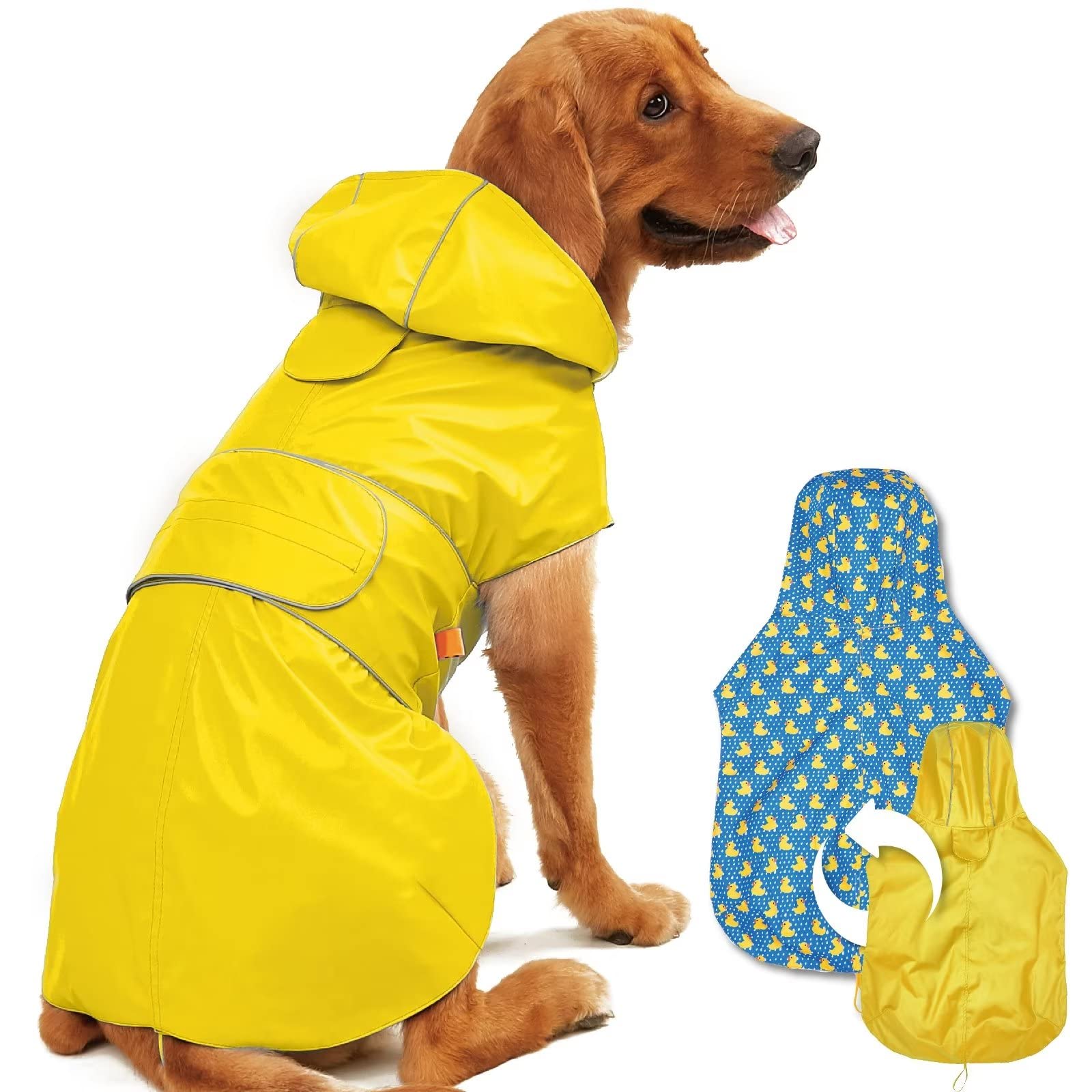 Chaqueta impermeable reversible de Kimee con capucha para paseos bajo lluvia.