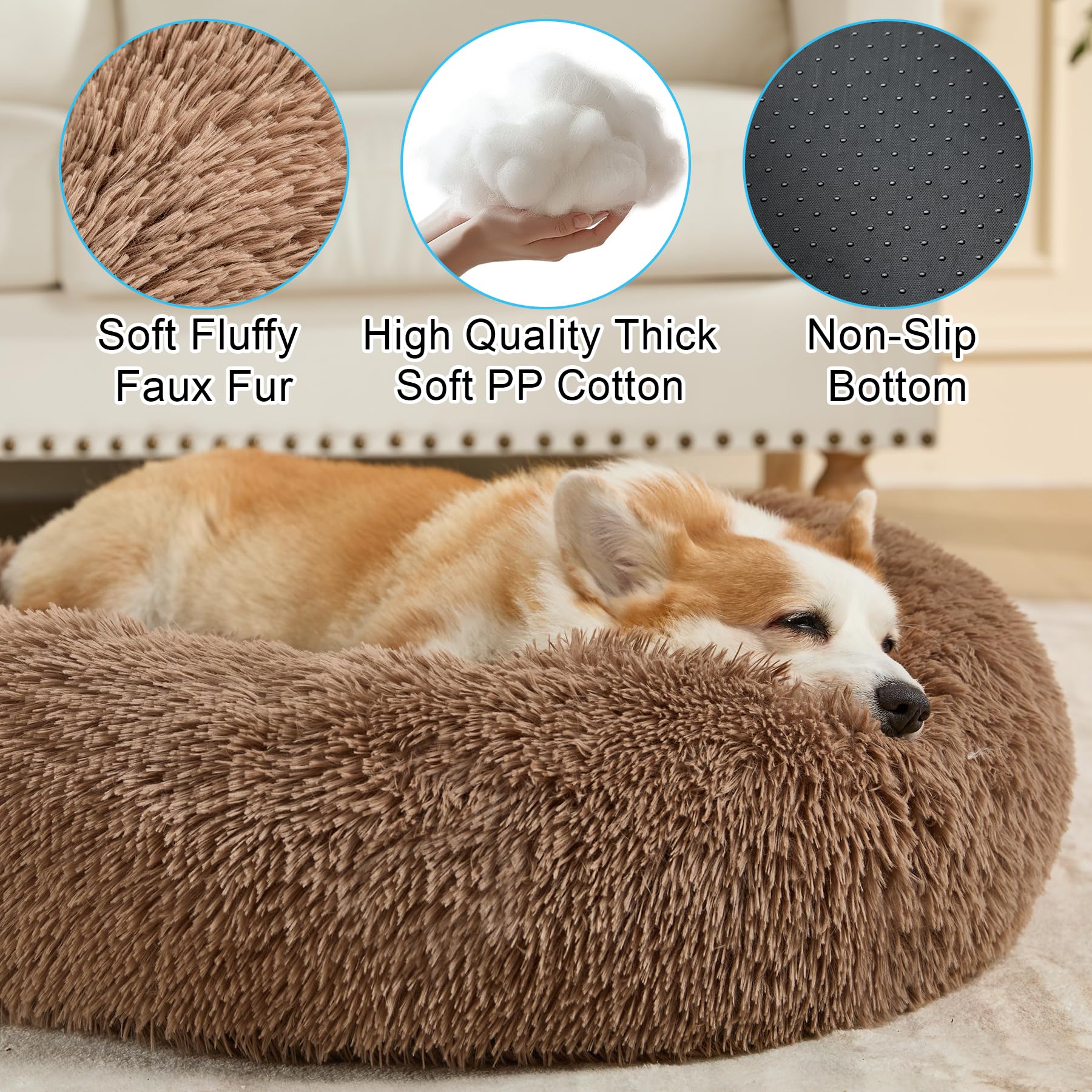 Cama donut Kimpets con pelaje falso suave, sensación cálida para perros.