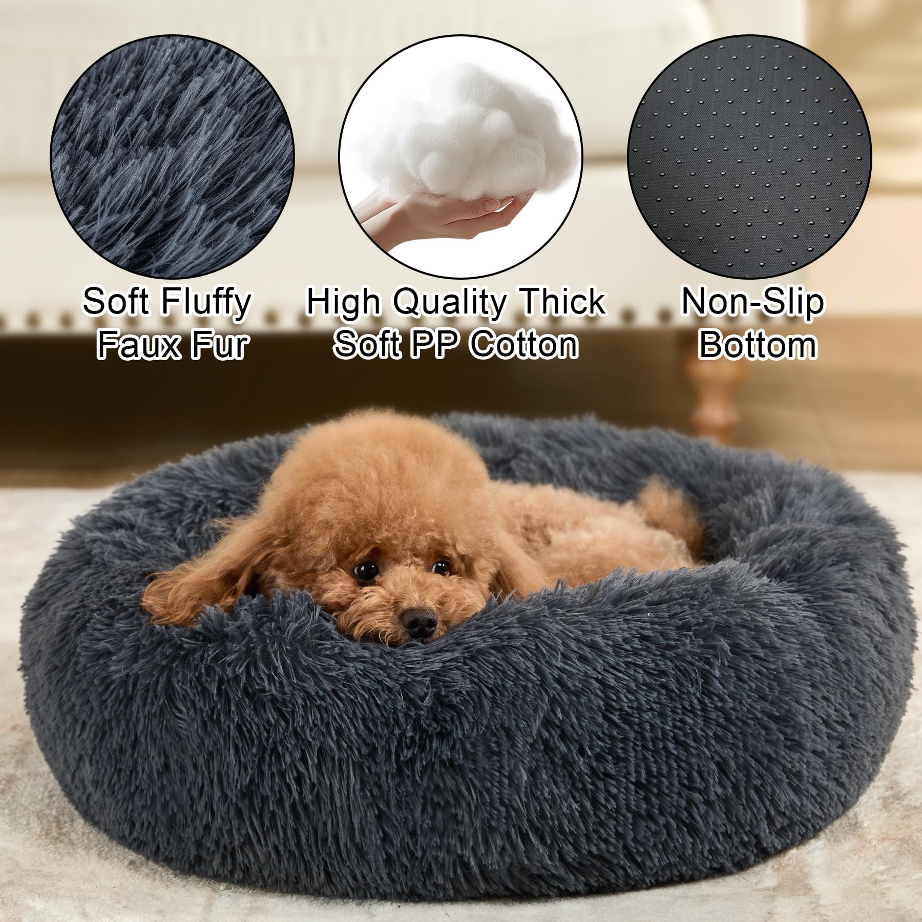 Kimpets cama nido redondo, borde elevado para seguridad y confort.