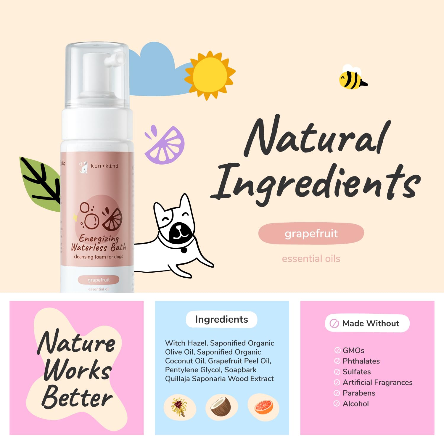Ingredientes naturales como coco y oliva para limpieza suave