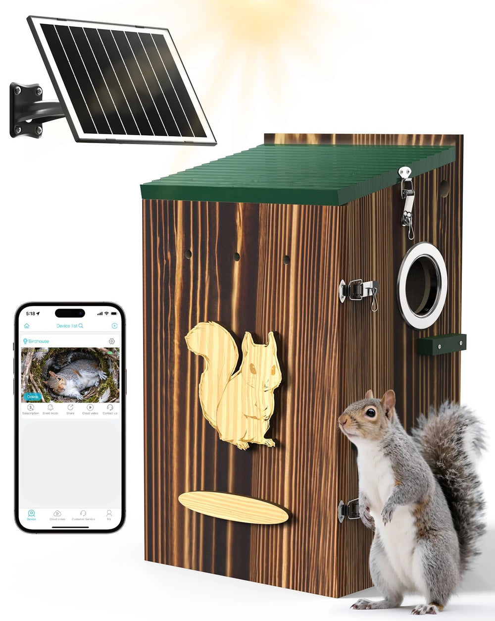 KinetCam caja ardilla con cámara integrada para observar actividades dentro del nido.