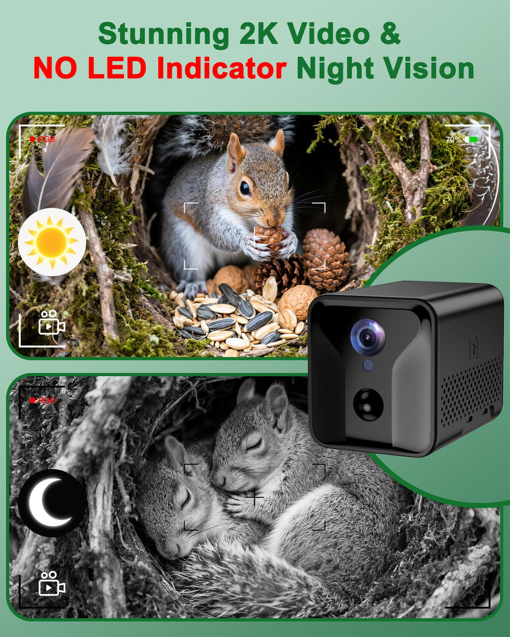 KinetCam panel solar de 8W para alimentación continua al aire libre.