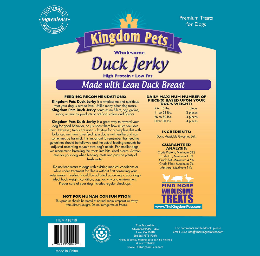 Presentación del jerky de pato Kingdom Pets, snack proteico para perros de cualquier tamaño.