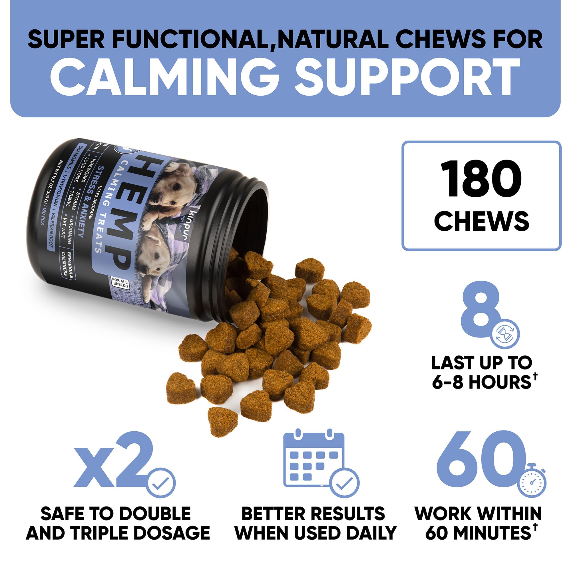 Kinpur Calming Chews, botella con 180 bocados, ideal para viajes y guardado.