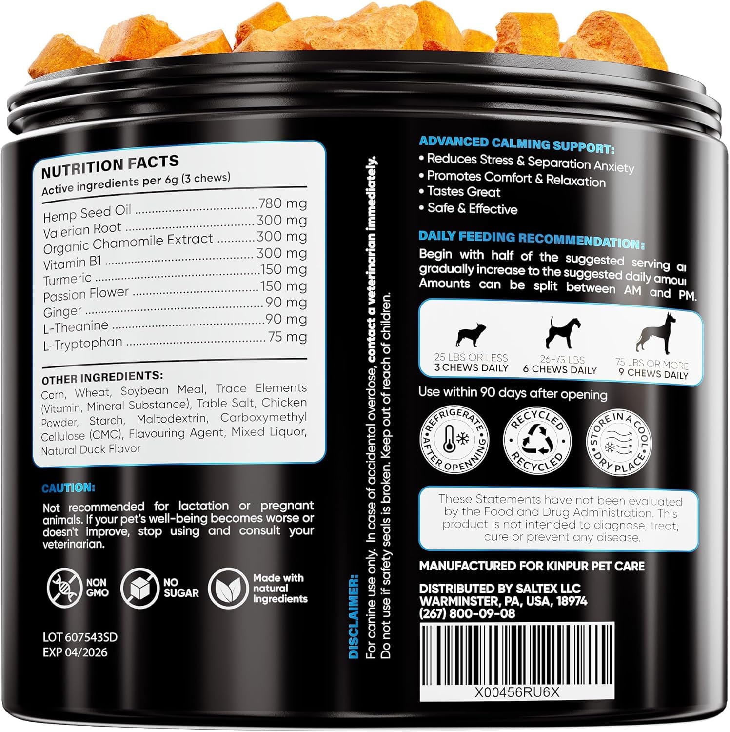 Kinpur Pet Care gominolas calmantes, detalle sabor carne, ideal para momentos de estrés.