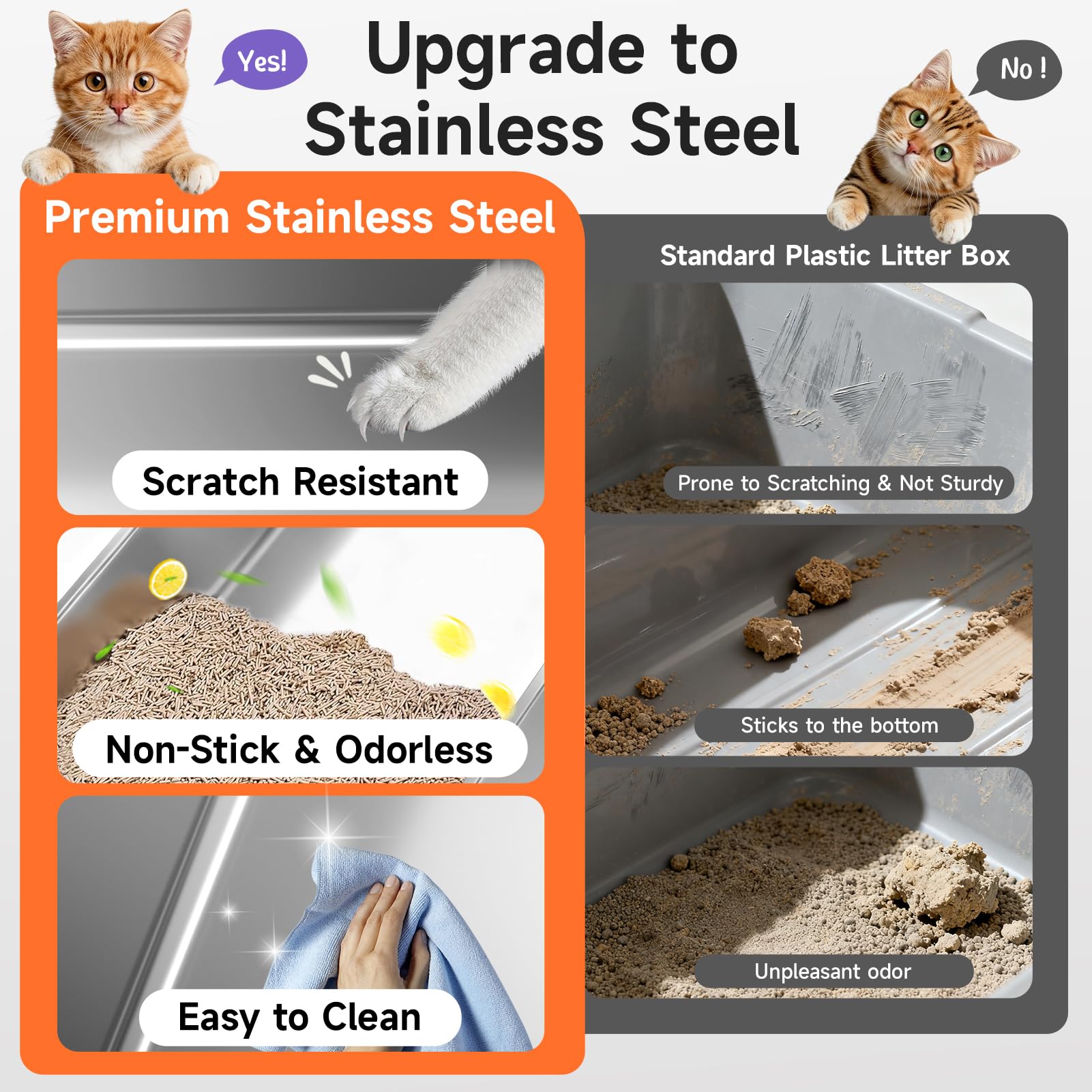 kiseng caja de arena acero inoxidable con acceso bajo abierto, fácil entrada para gatos