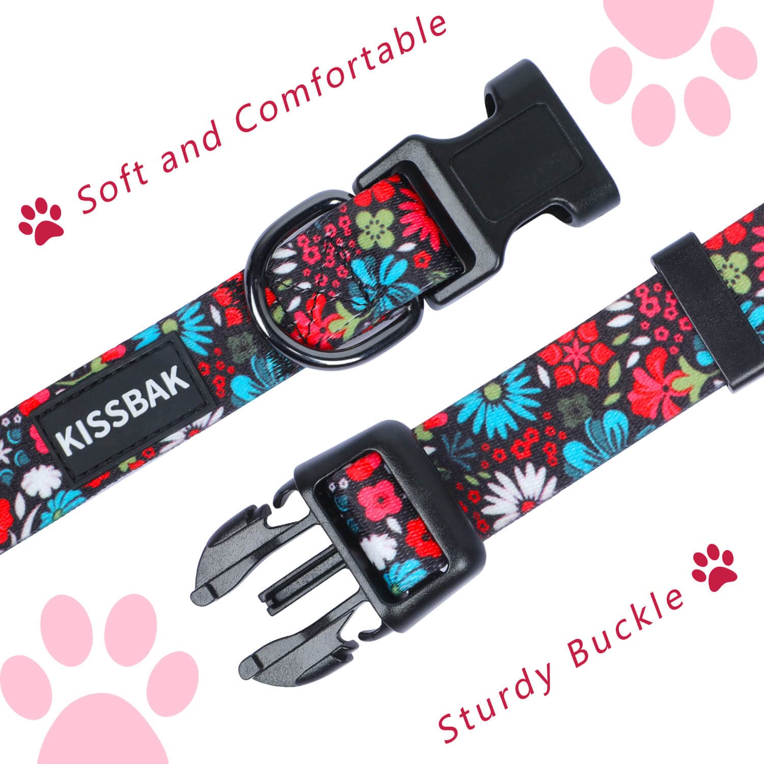 KISSBAK collar floral rojo, vista frontal elegante para mascotas.