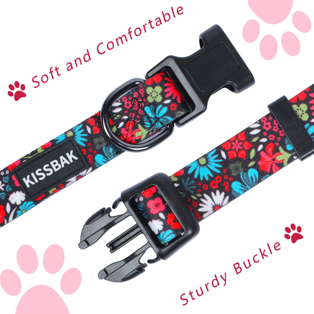 KISSBAK collar floral rojo, vista frontal elegante para mascotas.
