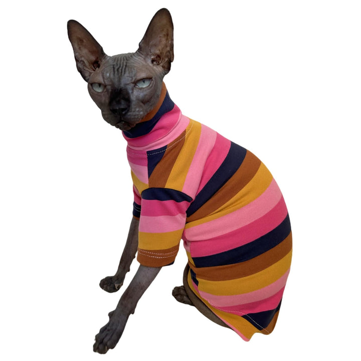 Kitipcoo camiseta Sphynx rayas vintage, vista frontal, ideal para uso diario y fotos.