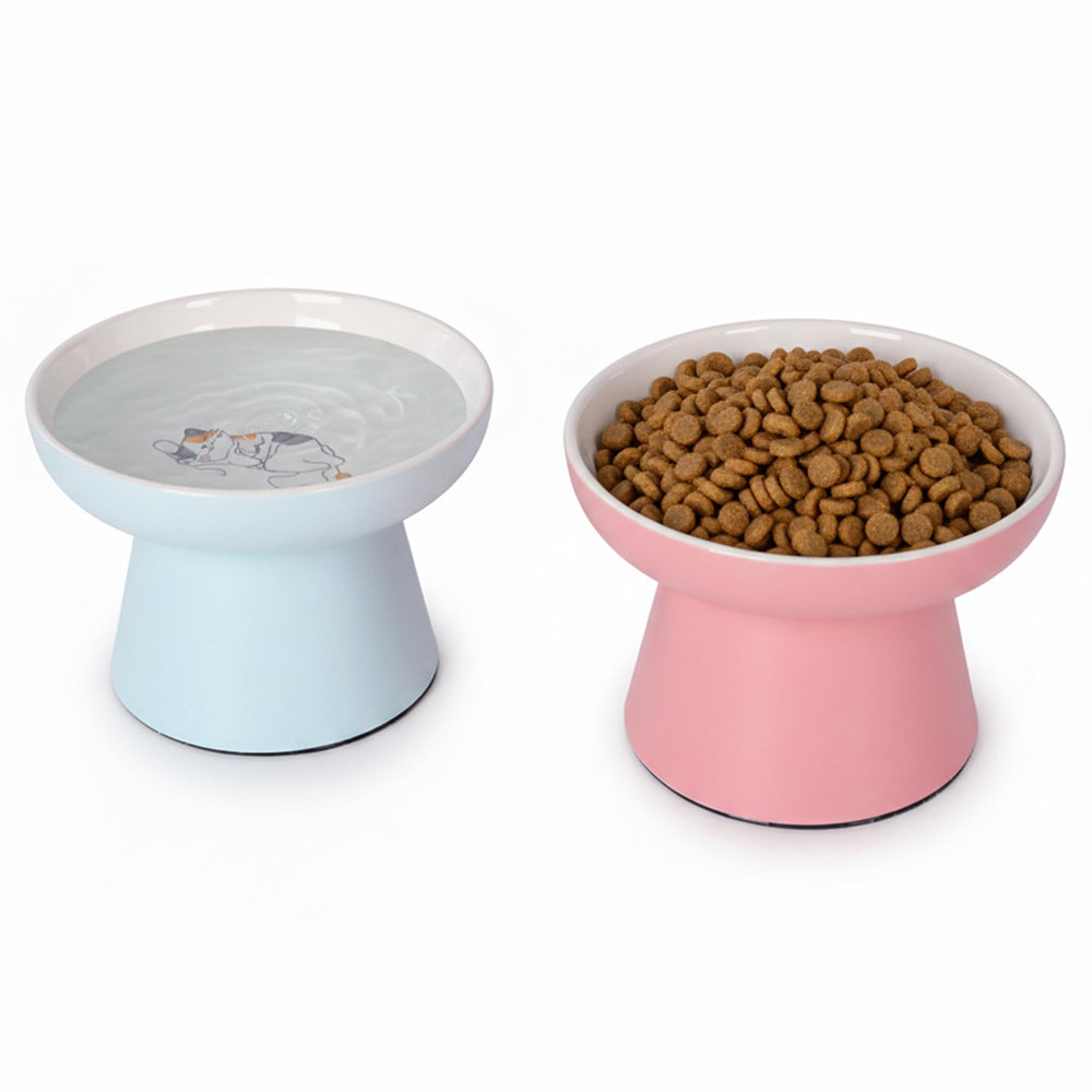 KittyDine cuencos elevados de cerámica para gatos en rosa y azul, dos piezas.