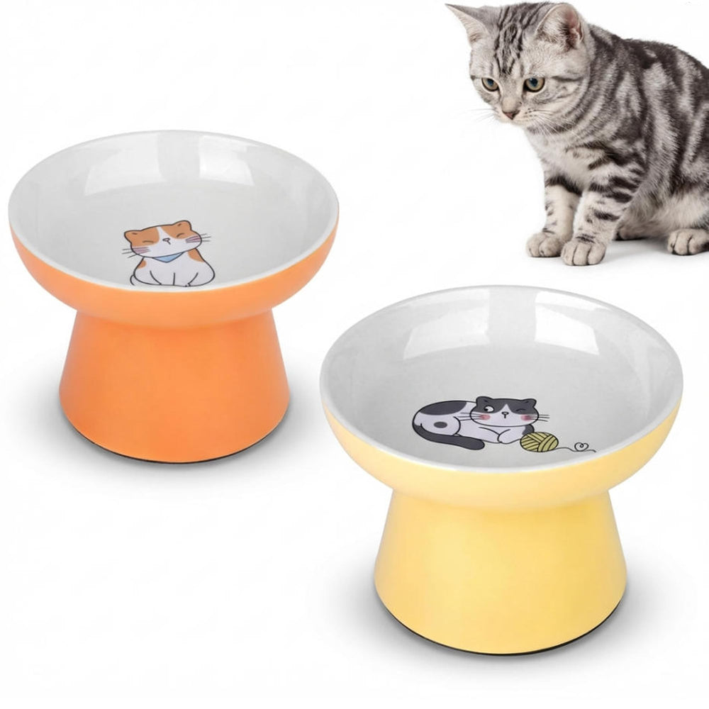 KittyDine tazones elevados para gatos, colores naranja y amarillo, confort al comer.
