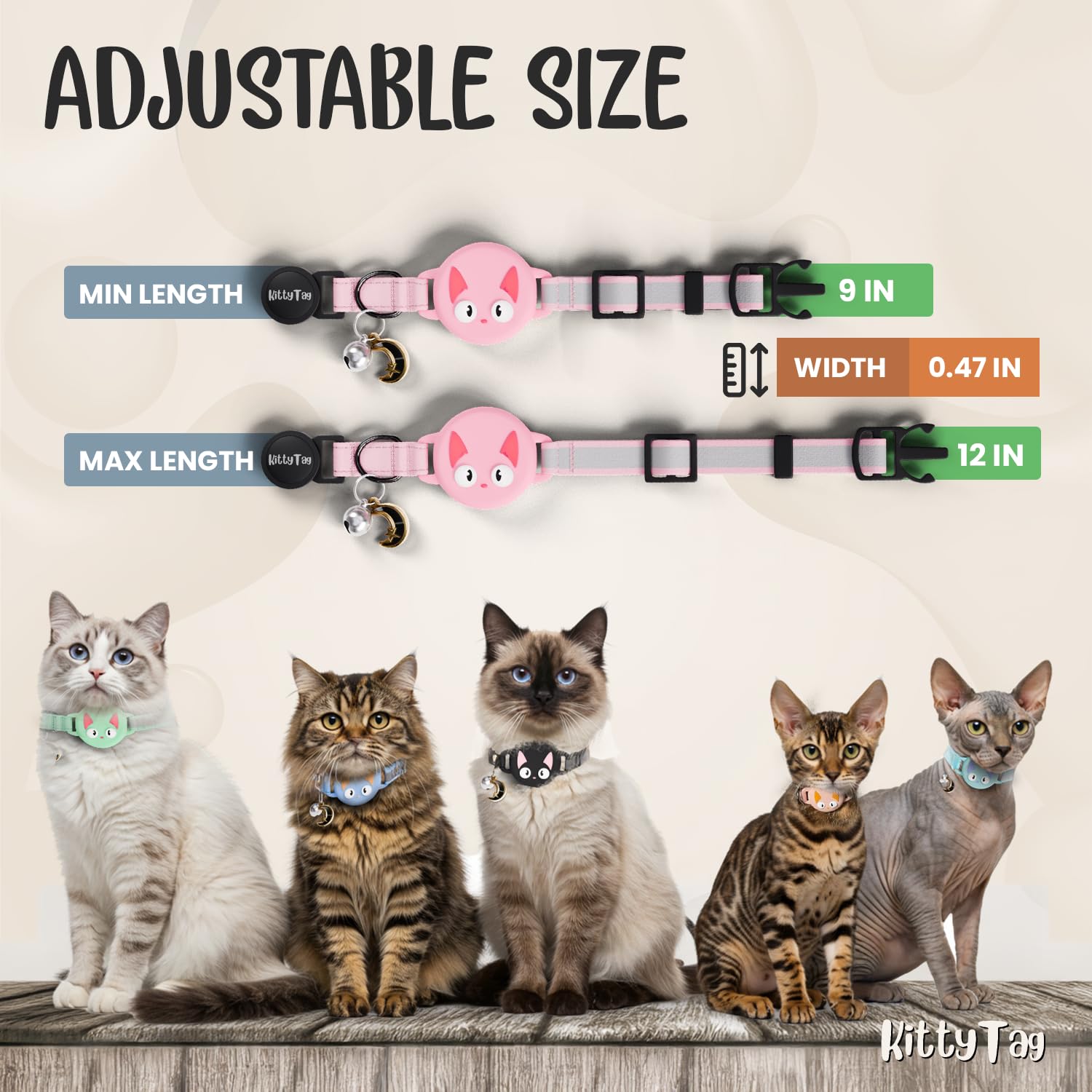 KittyTag collar AirTag ajuste seguro para cuellos de 9 a 12 pulgadas.