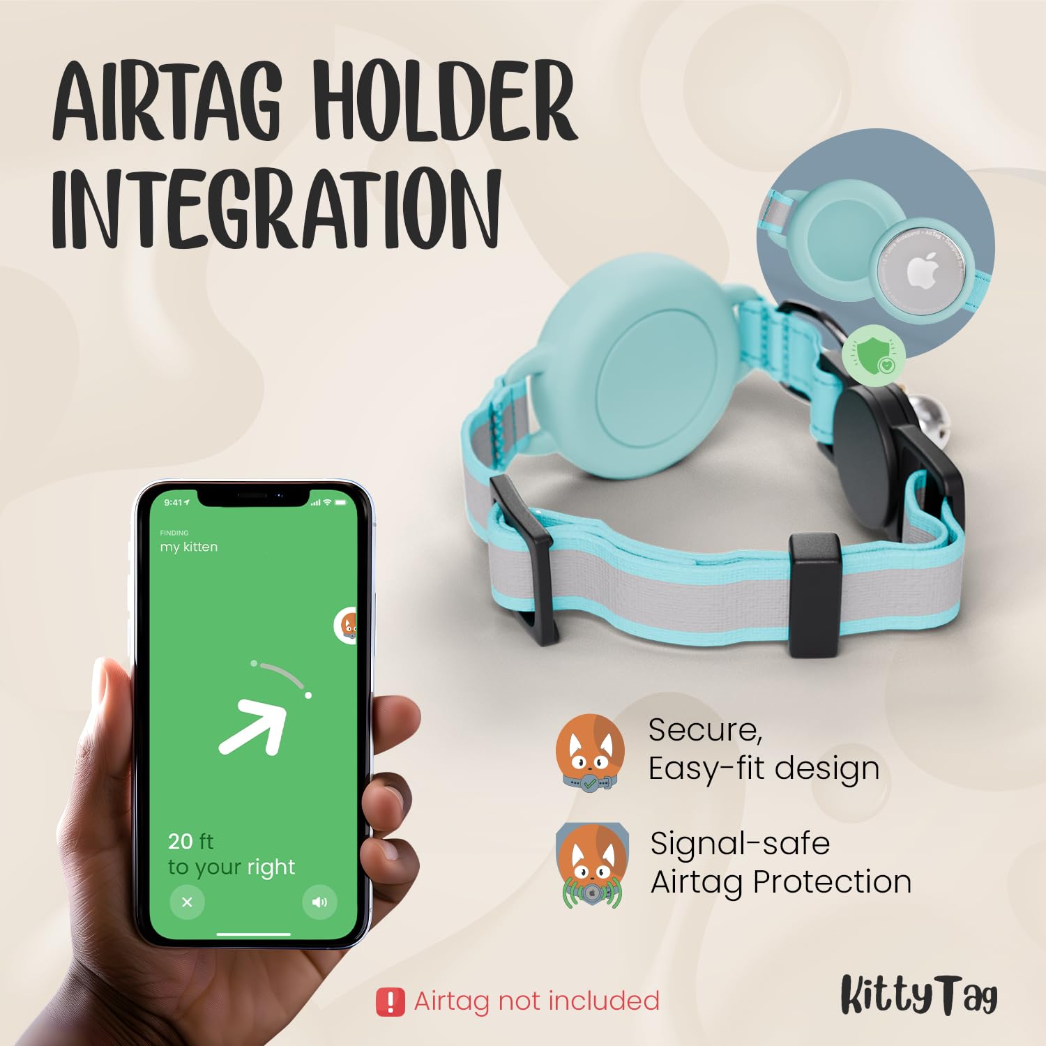 KittyTag collar AirTag dorso: alta visibilidad y seguridad al aire libre.
