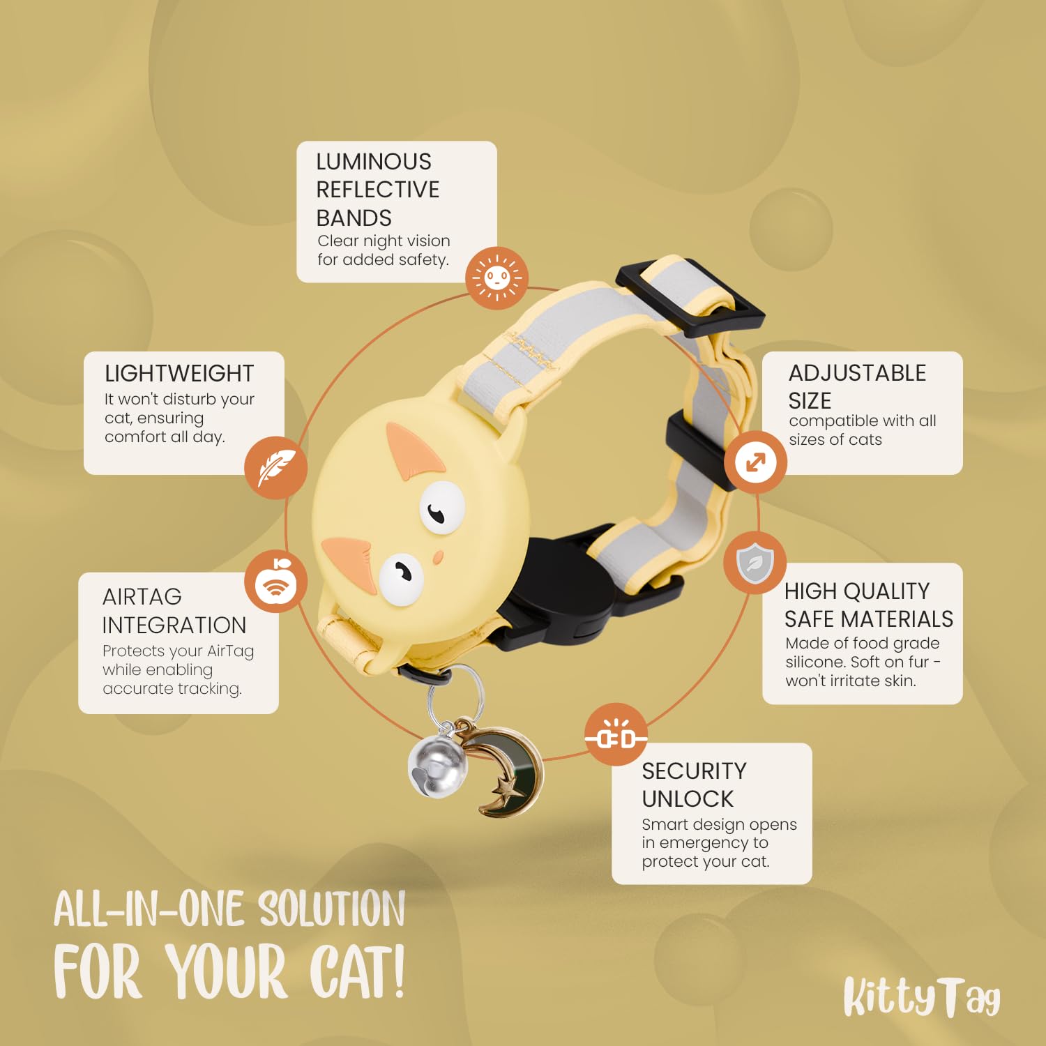 KittyTag ajuste 9-12 pulgadas amarillo, tamaño adaptable para gatos.