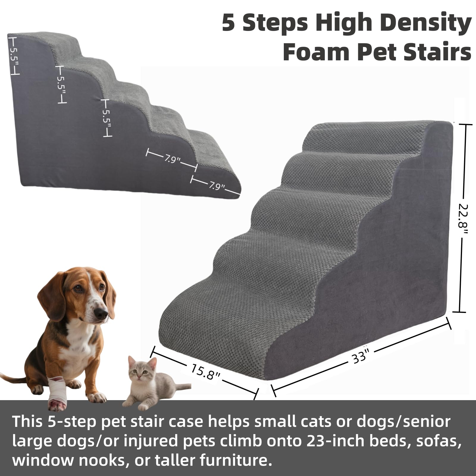 KIWIWOOF escalera de 5 pasos para perro en sofá, subida fácil.