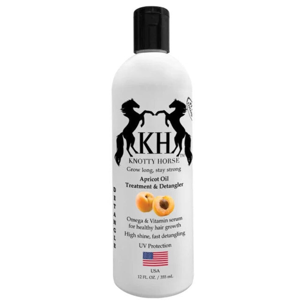 Knotty Horse Desenredante con Aceite de Albaricoque, botella mostrando textura suave para desenredar fácilmente