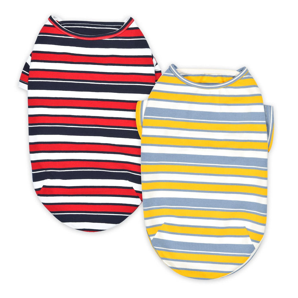 Pack de dos camisetas rayadas Knuffelen, colores rojo y amarillo.
