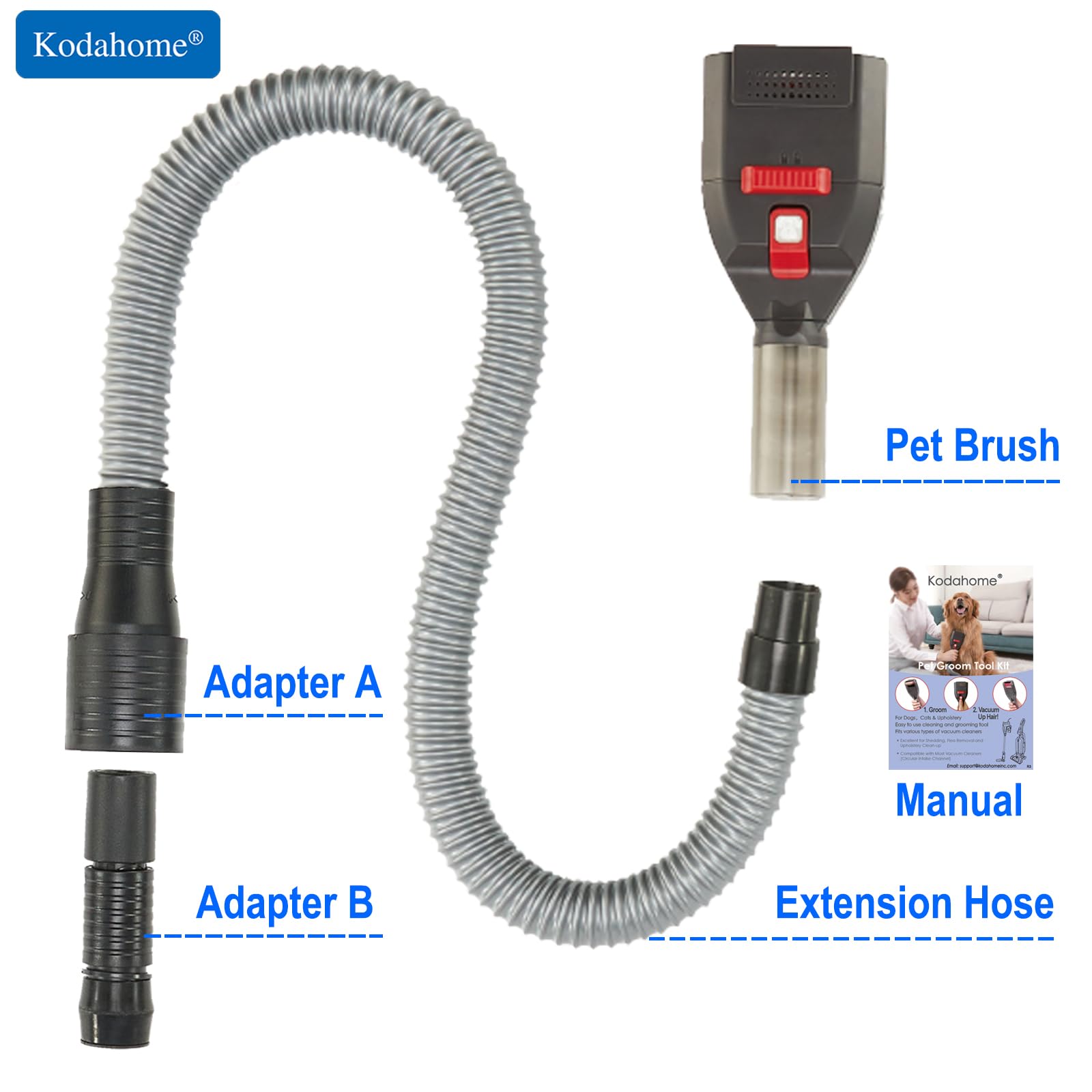 Kodahome empaque compacto con cepillo, manguera y adaptadores.