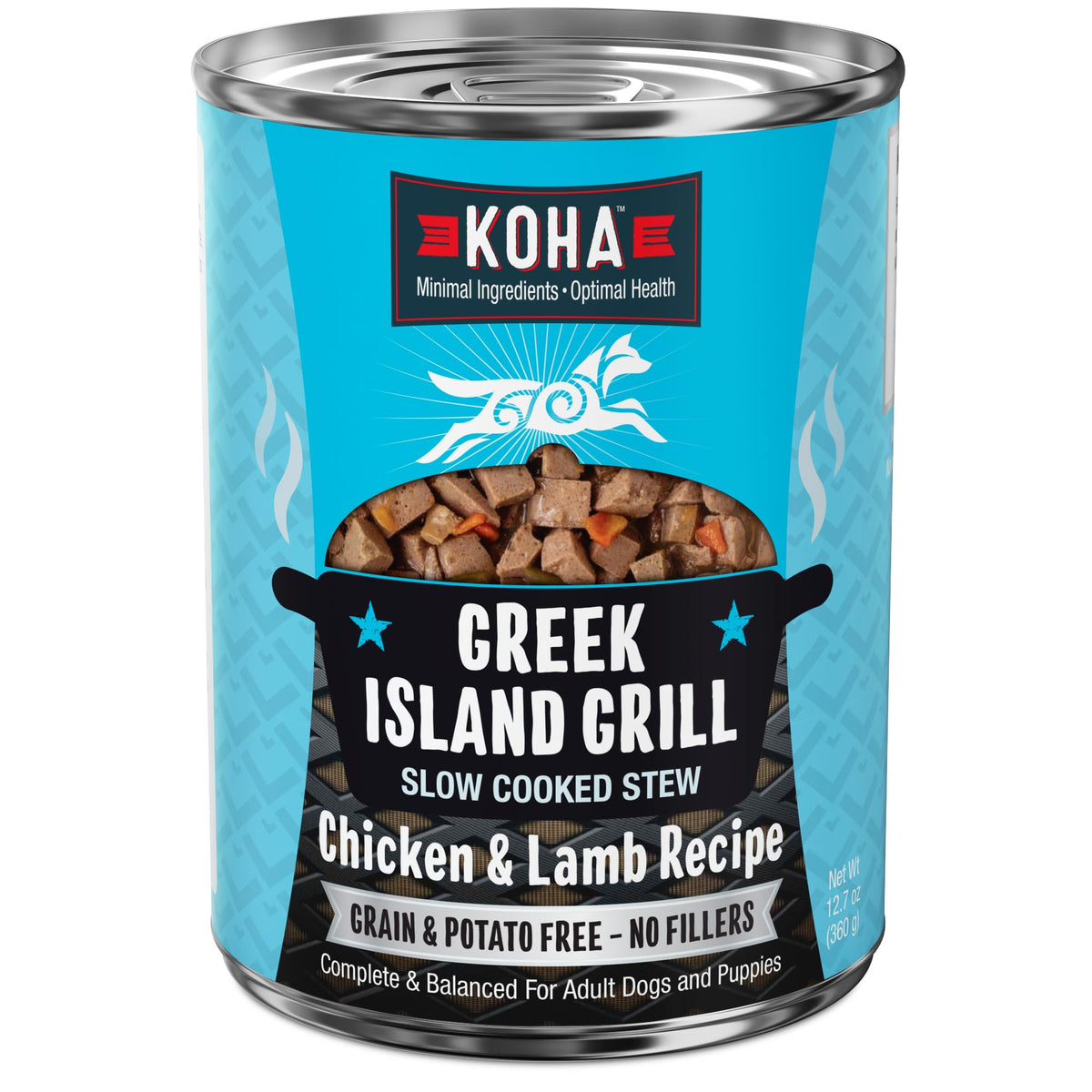 KOHA estofado griego de la isla en lata con pollo y cordero, alto en proteína para perros.
