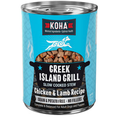 KOHA estofado griego de la isla en lata con pollo y cordero, alto en proteína para perros.