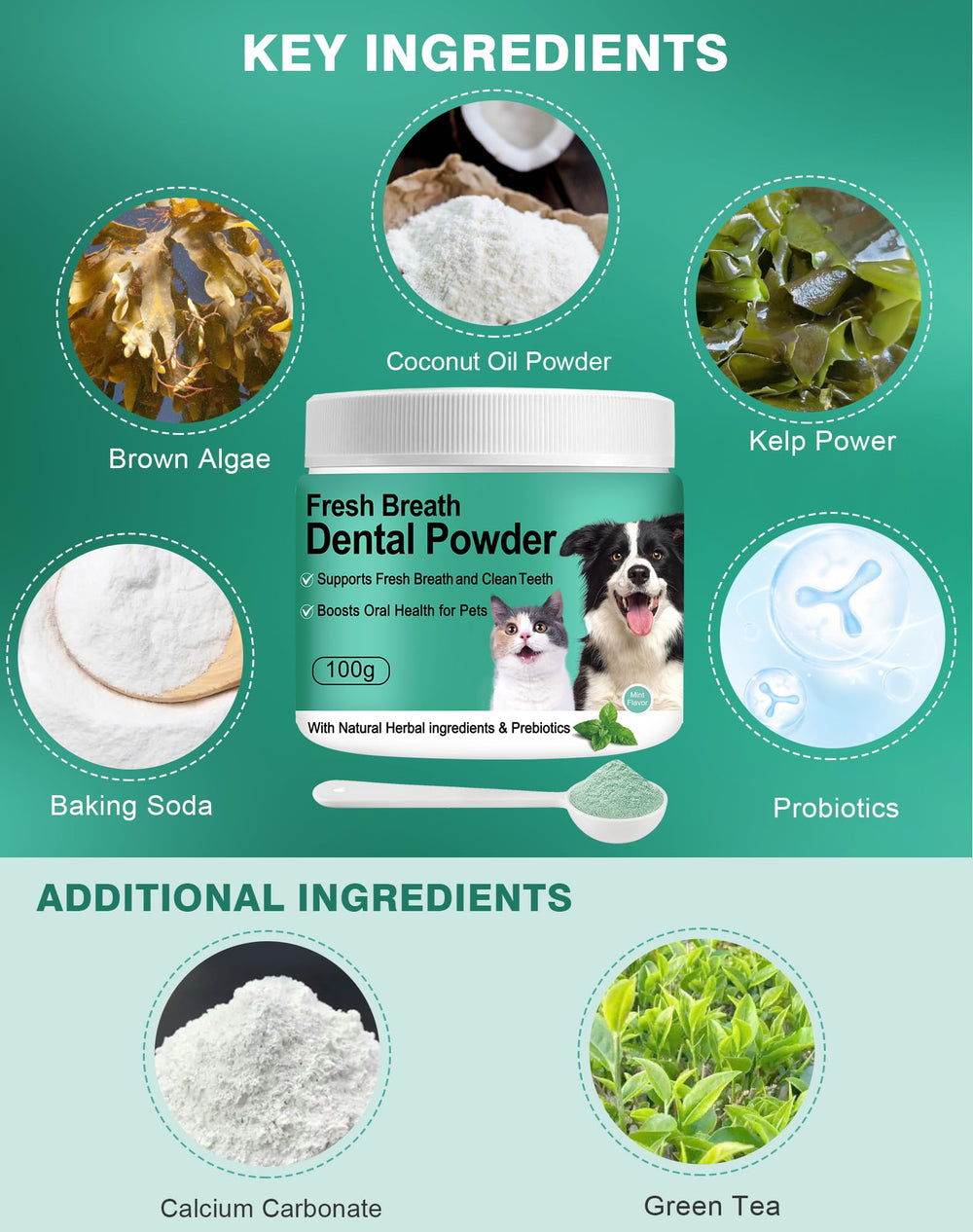 Envase de polvo dental Koite para perros, fácil de usar.