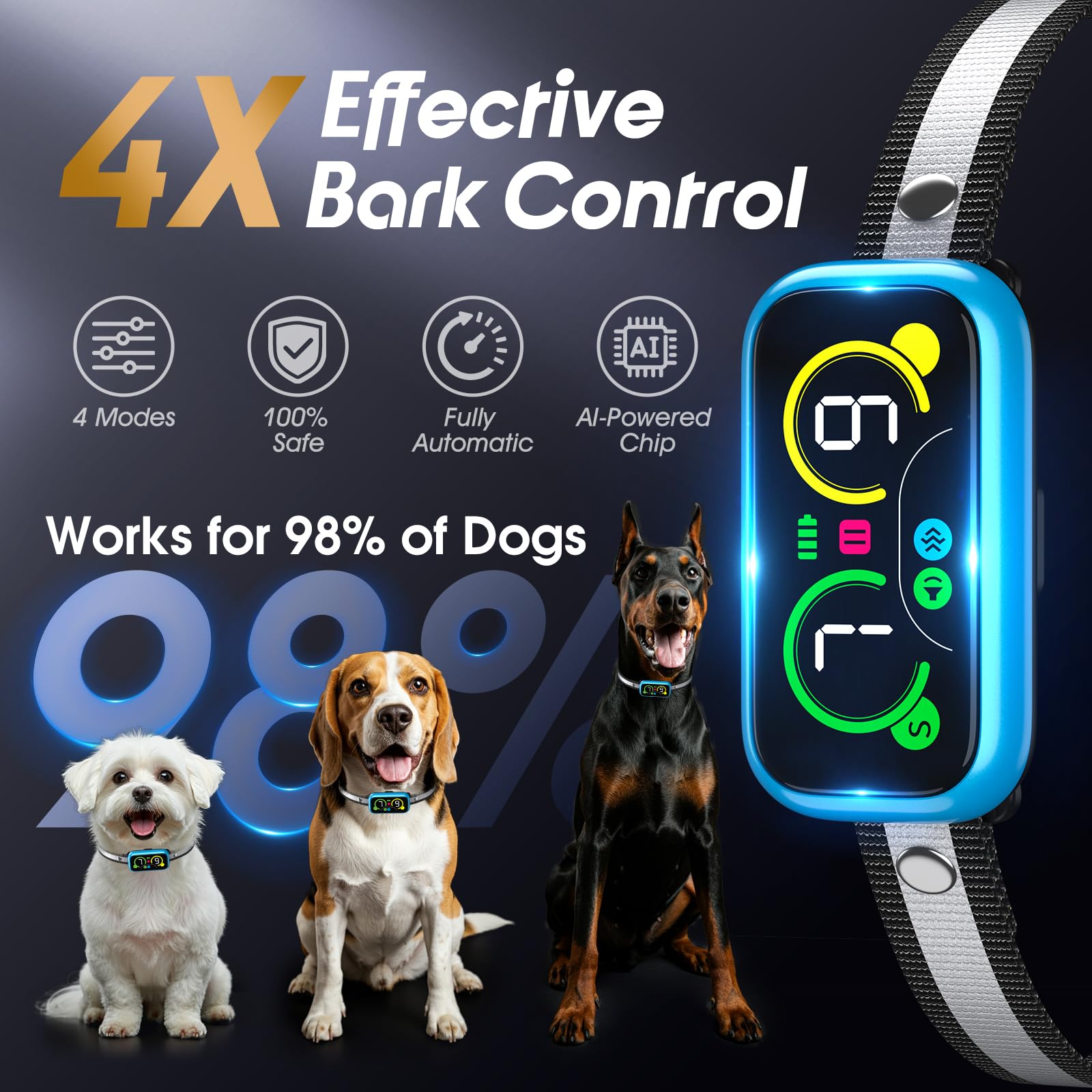 Kollgux Collar anti ladridos Pro, vista lateral, diseño cómodo para perros de todos tamaños.