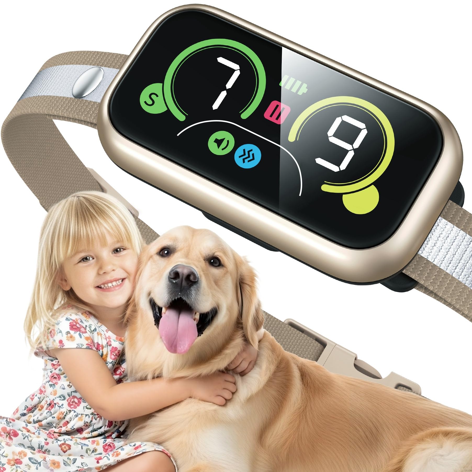 Kollgux collar anti-ladridos, vista frontal, control de ladridos para perros en paseos.
